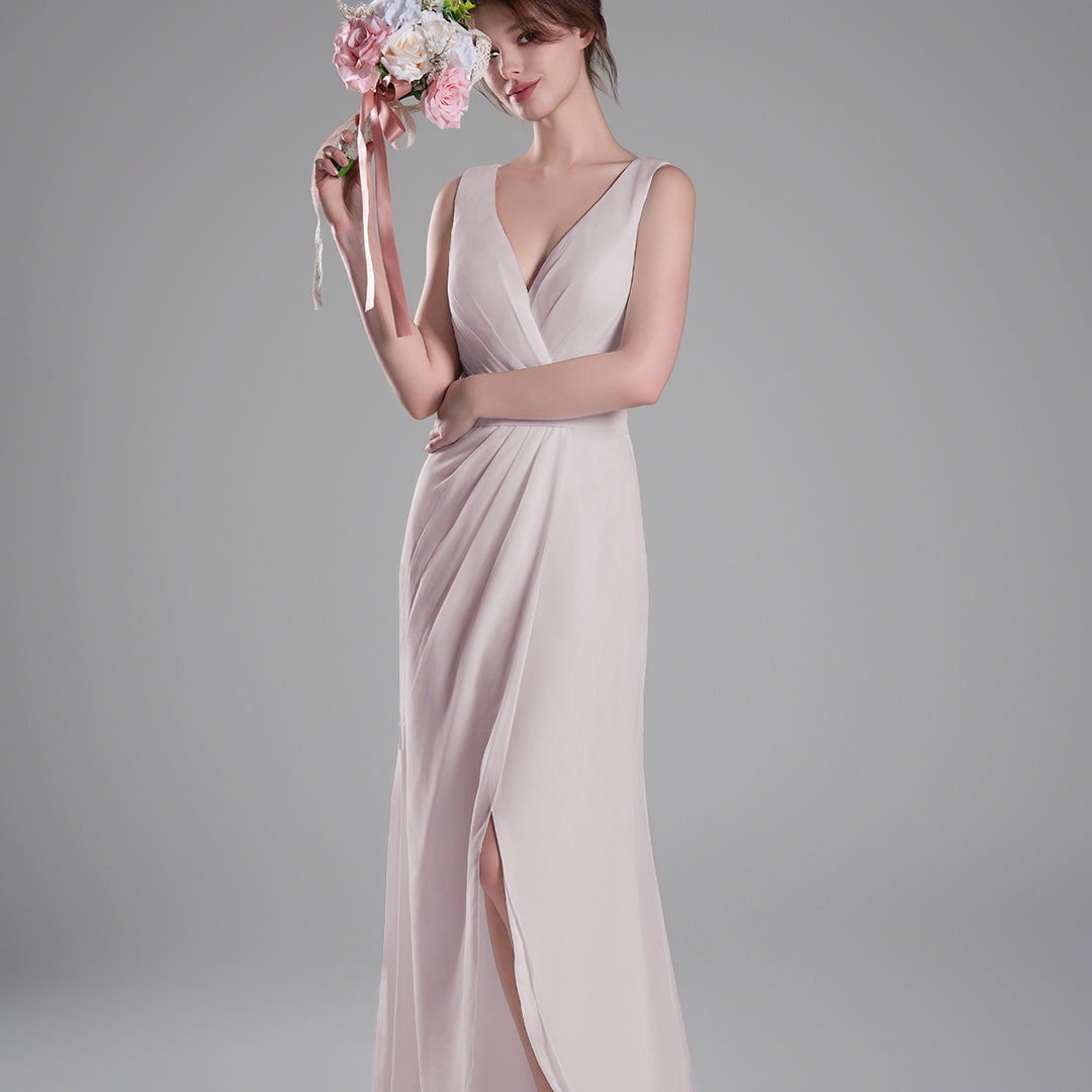 V-Neck Crossover Bodice Pleated Front Slit Dresses