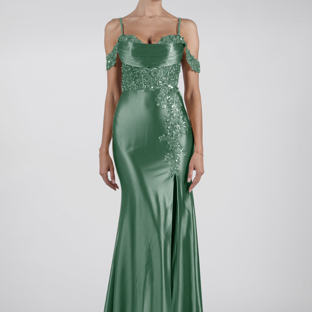 Robe de soirée à col bénitier et manches tombantes, fendue sur le côté