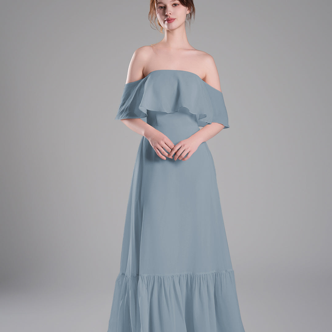 Off-Shoulder Ruffle Detailing Tiered Hemline Dresses
