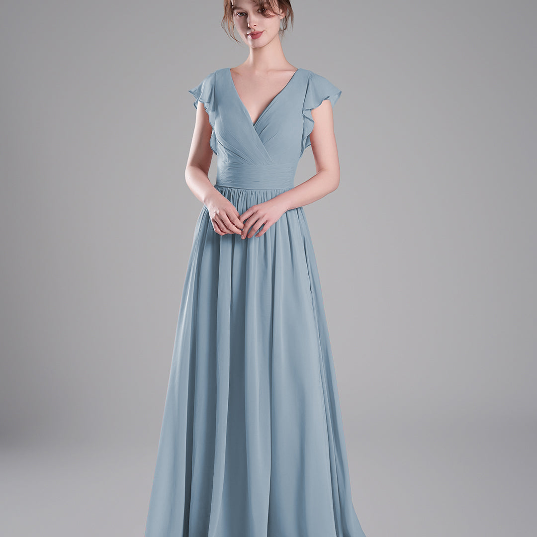 Flutter Sleeves Pleated Bodice Open Back Dresses