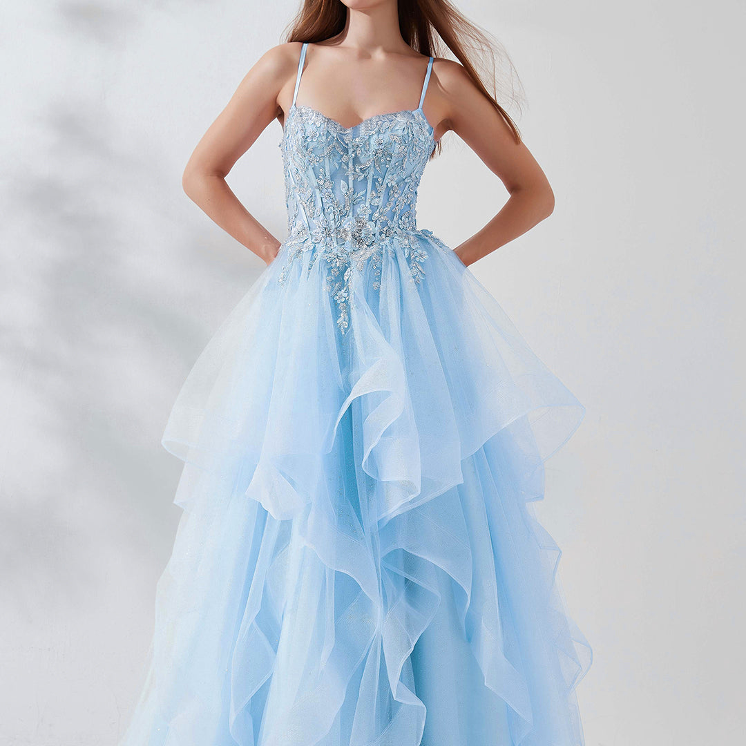 Heart Neckline Spaghetti Straps Beaded Sequins Puffy Dresses