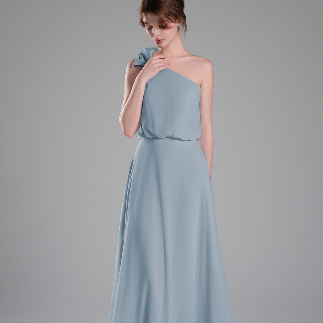 One-Shoulder Bow Detail Flowing A-Line Dresses