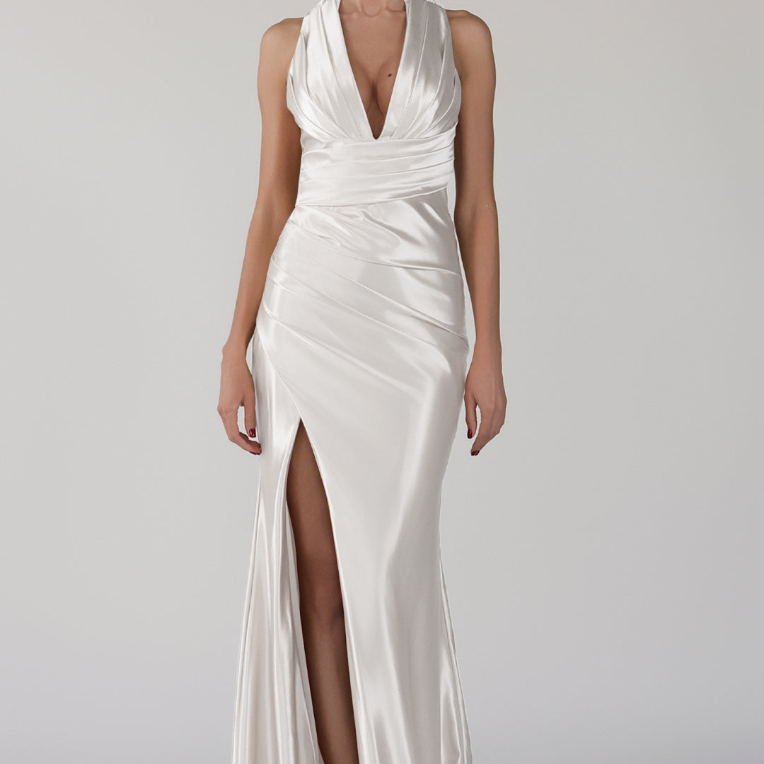 Robe de soirée à col en V et traîne nouée