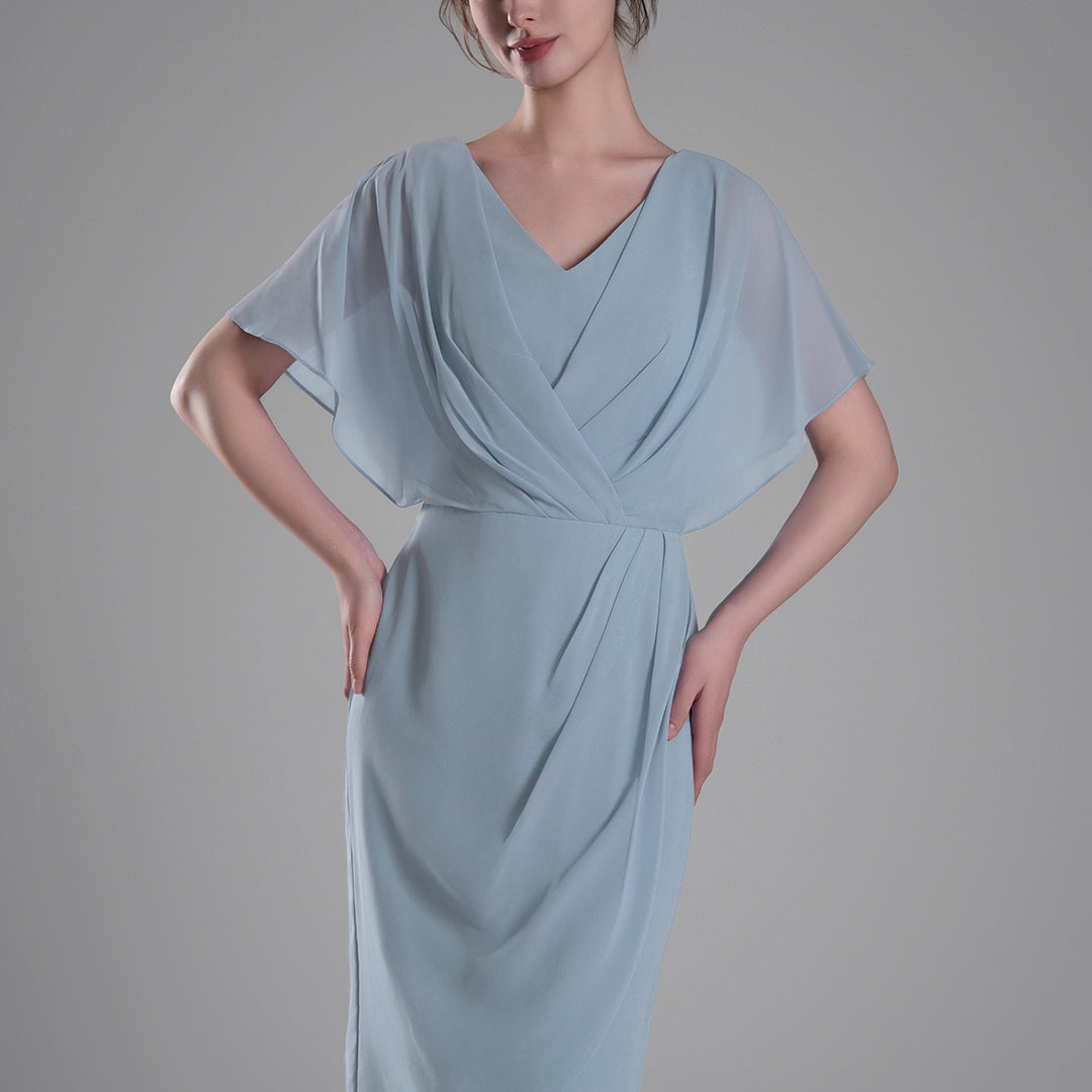 V-neck Pleated Cape Knee-length Dresses