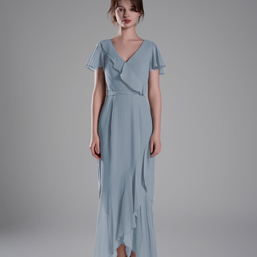 V-Neck Ruffled Detailing Pleated Patchwork Dresses