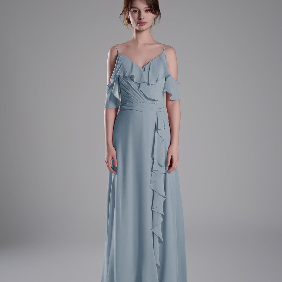 Adjustable Straps Ruffled Chiffon Long Dresses