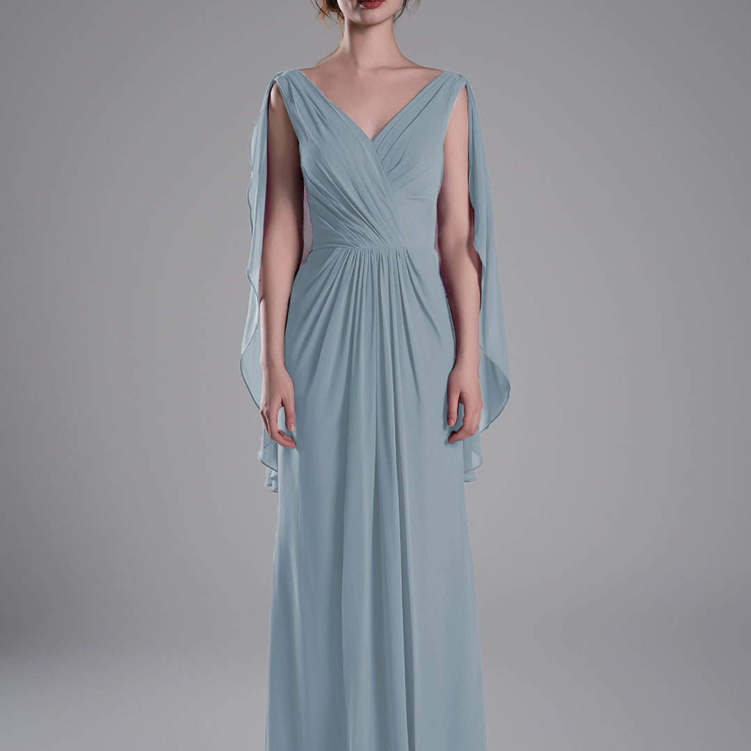 V-Neck Flowing Cape Sleeves Pleated Dress