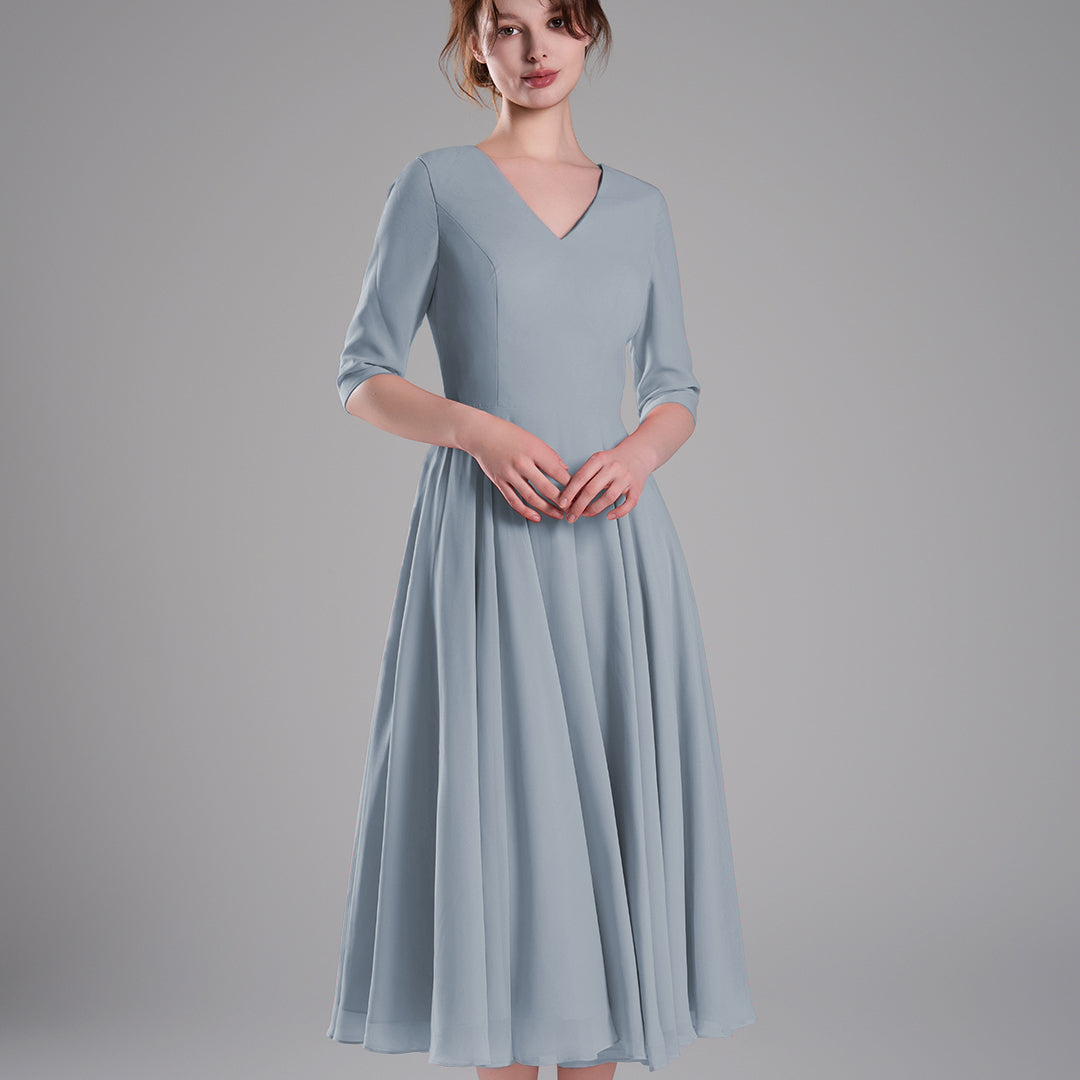 Elegant Chiffon Midi Dress with 3/4 Sleeves