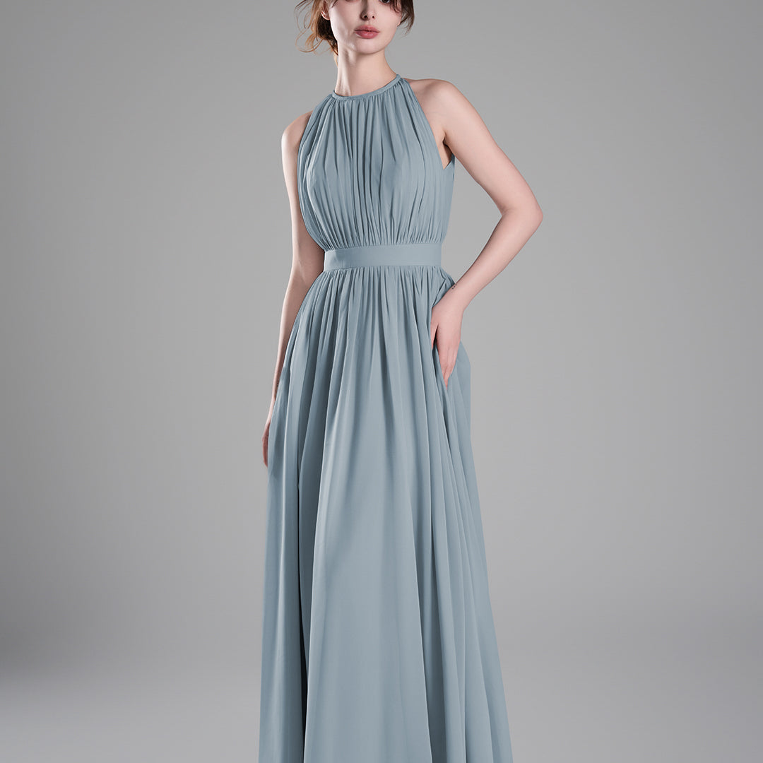 Halter Neckline Pleated Cinched Waist Dresses