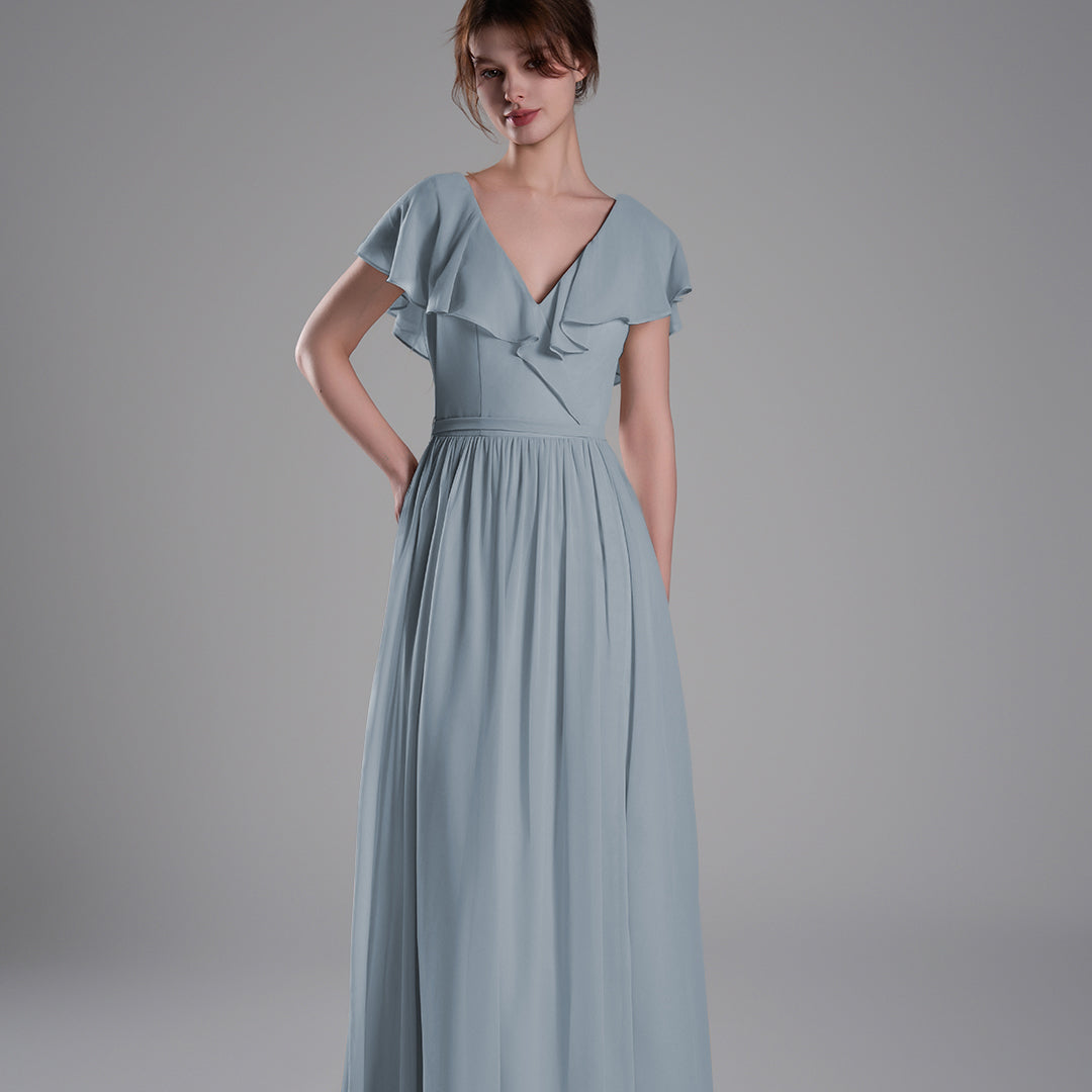 Deep V-Neckline Flutter Sleeves Tie Detail Dresses