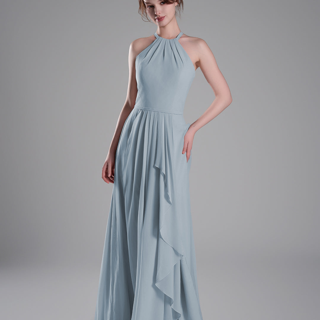 Halter Neckline Pleated Asymmetrical Ruffle Dresses