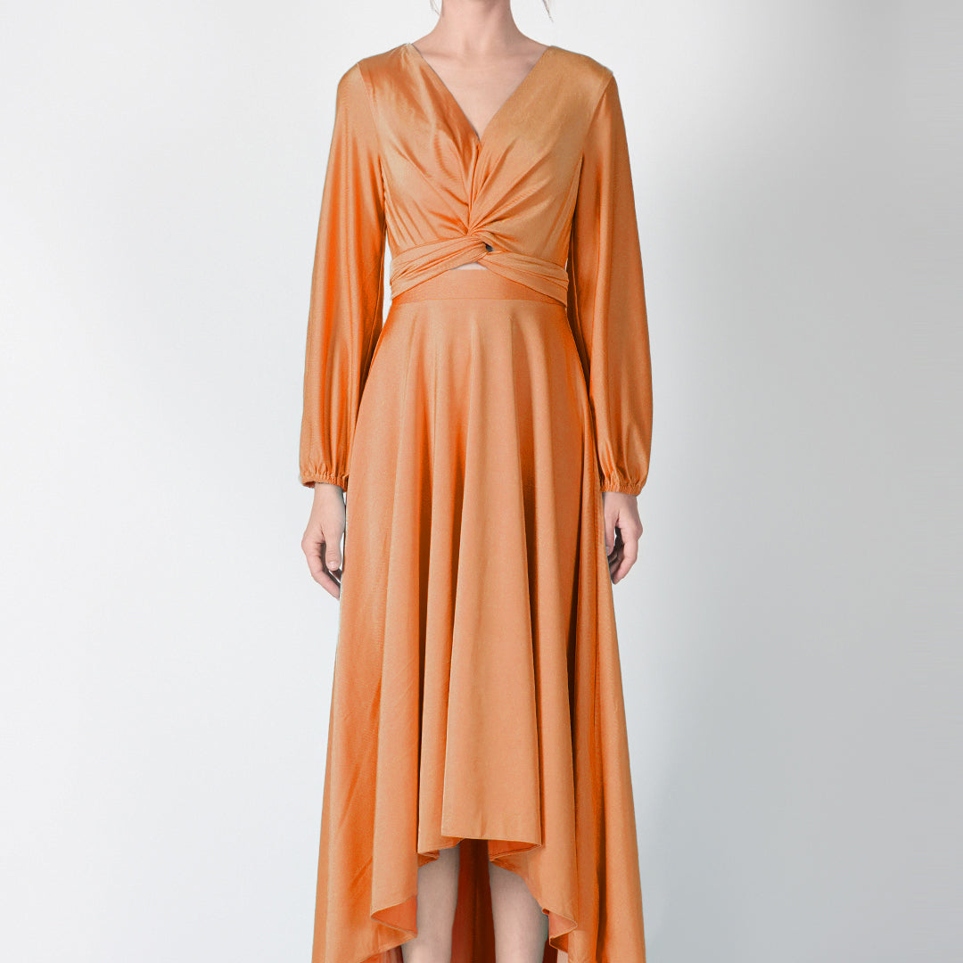 V-Neck Twist Front Detail High-Low Dresses