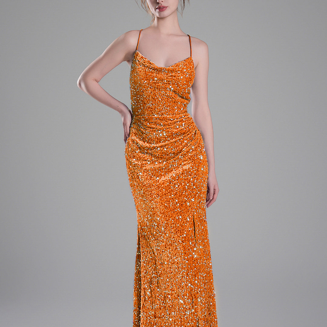 Cowl Neckline Eye-Catching Sequin Lace-Up Dresses
