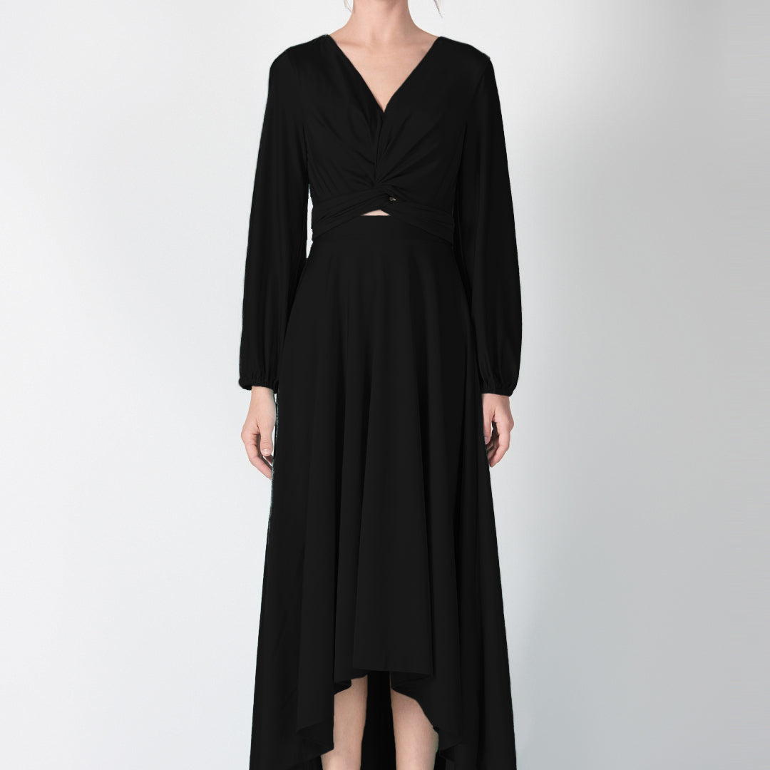 V-Neck Twist Front Detail High-Low Dresses