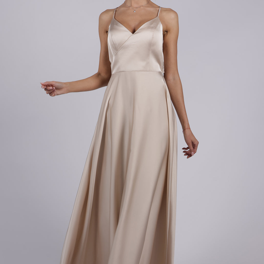 V-Neck Spaghetti Straps Cut-Out Maxi Bridemaid Dress
