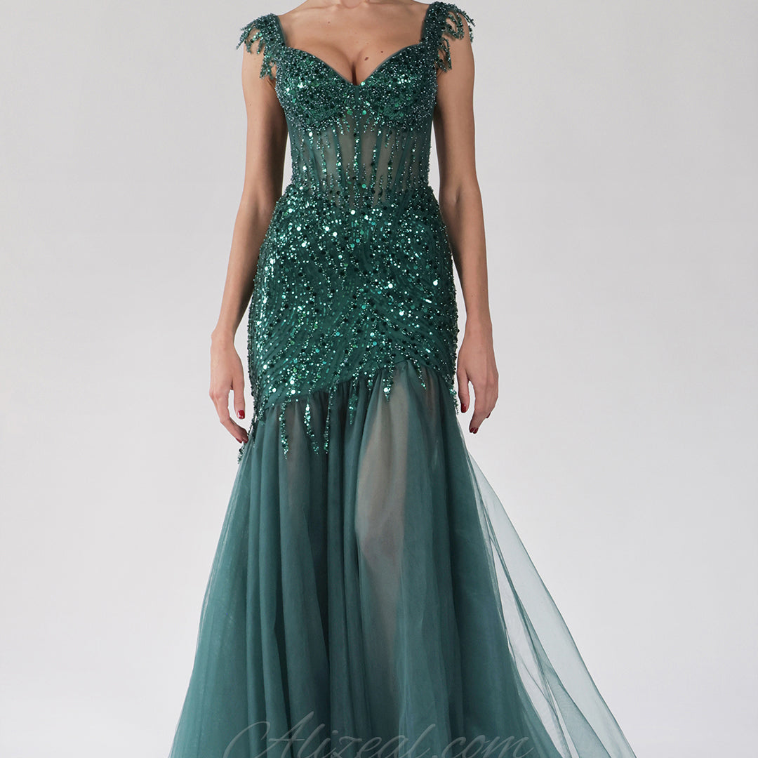 Tulle Mermaid Off-Shoulder Sequins Embroidery Split Dress