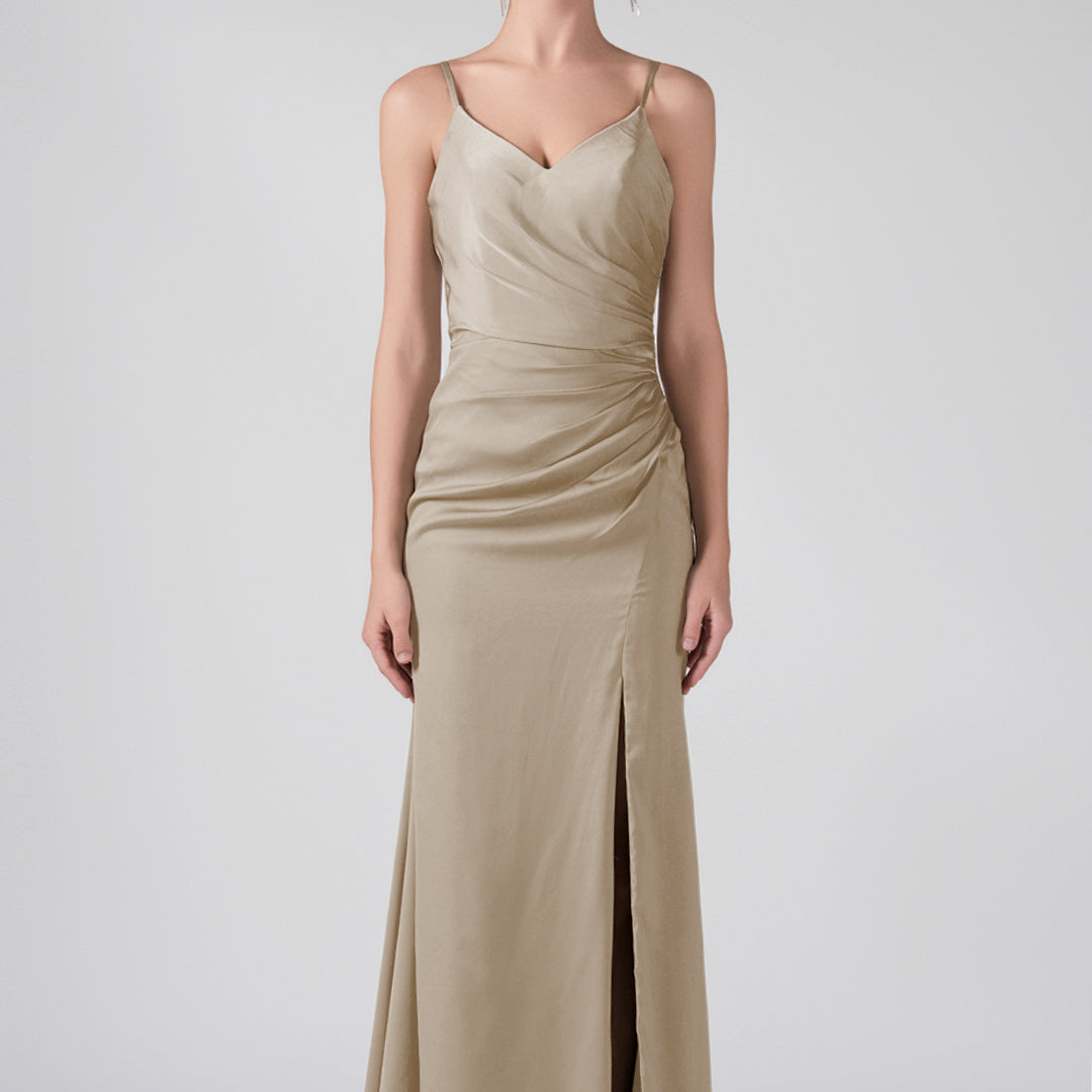 V-Neck Spaghetti Straps Front Split Ruffles Maxi Dress
