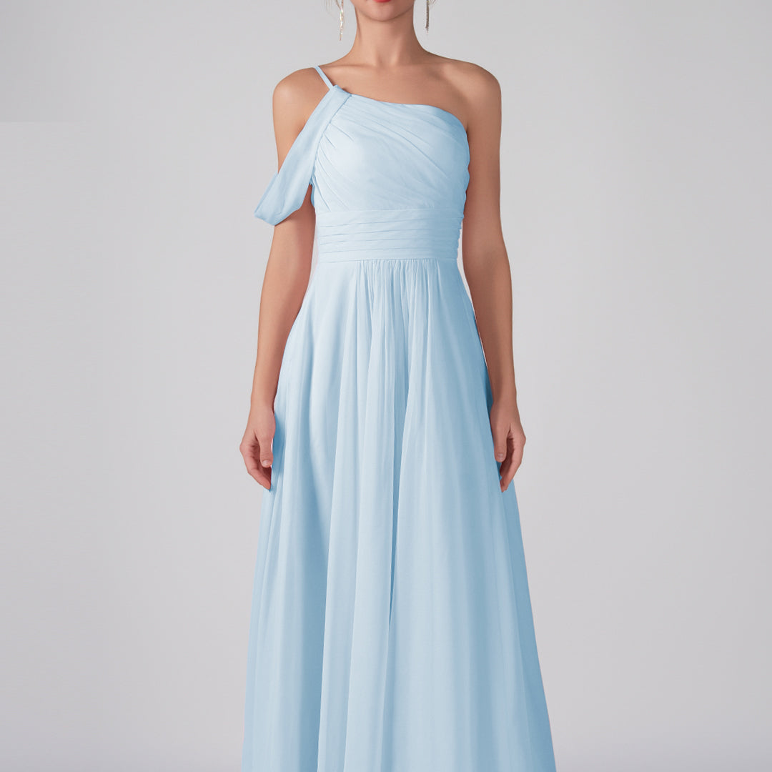 One Shoulder Off Shoulder Sleeve Ruched Bodice A-Line Maxi Dress