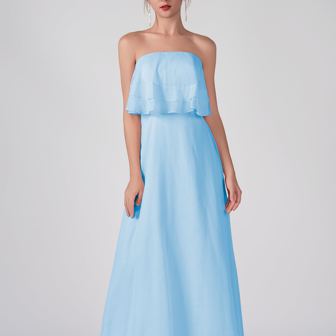 Robe trapèze en mousseline de soie sans bretelles à volants, longueur au sol