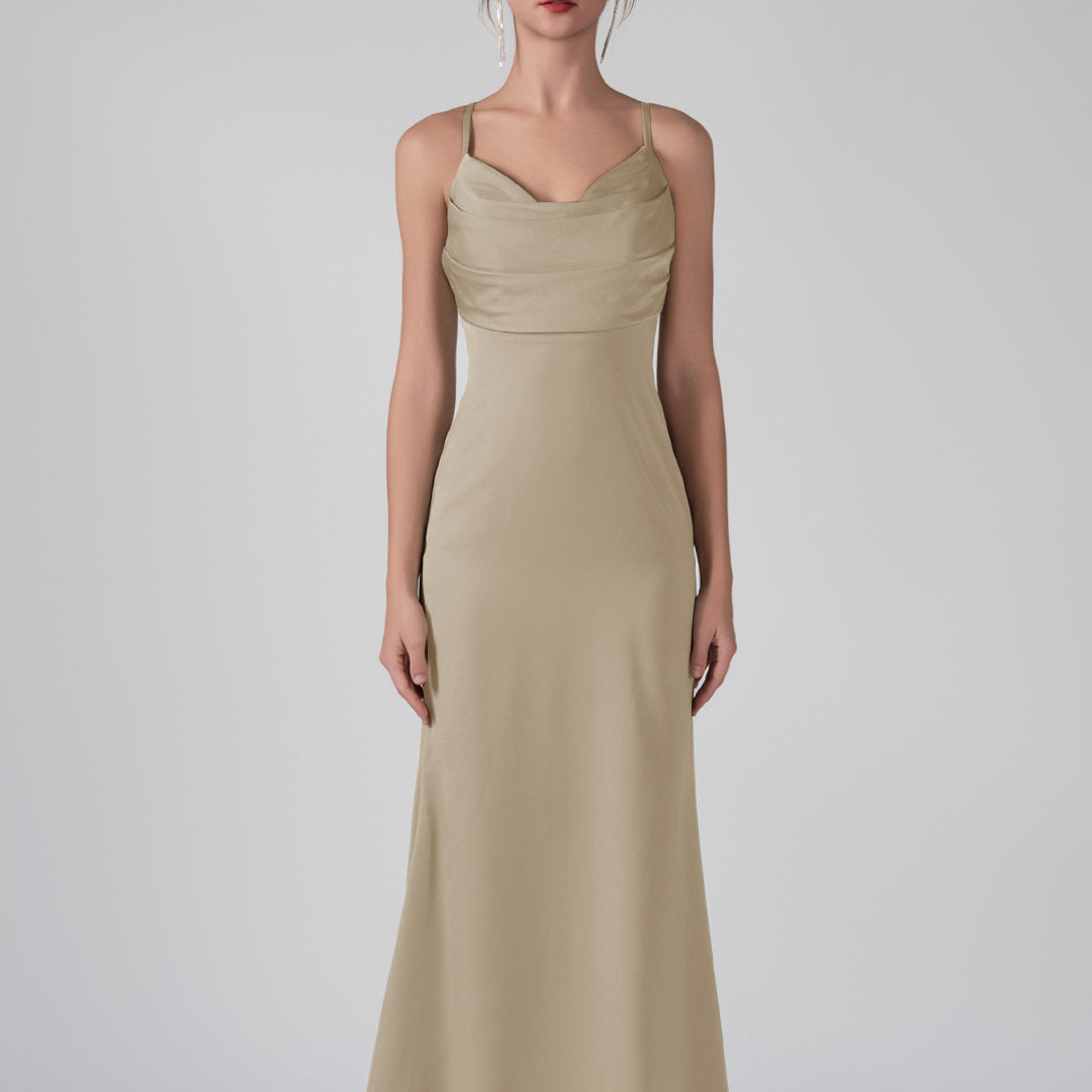 Spaghetti Straps Cowl Neck Ruffles Sheath Maxi Dress