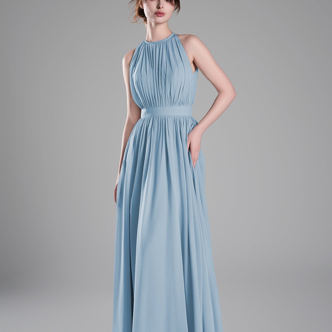 Halter Neckline Pleated Cinched Waist Dresses