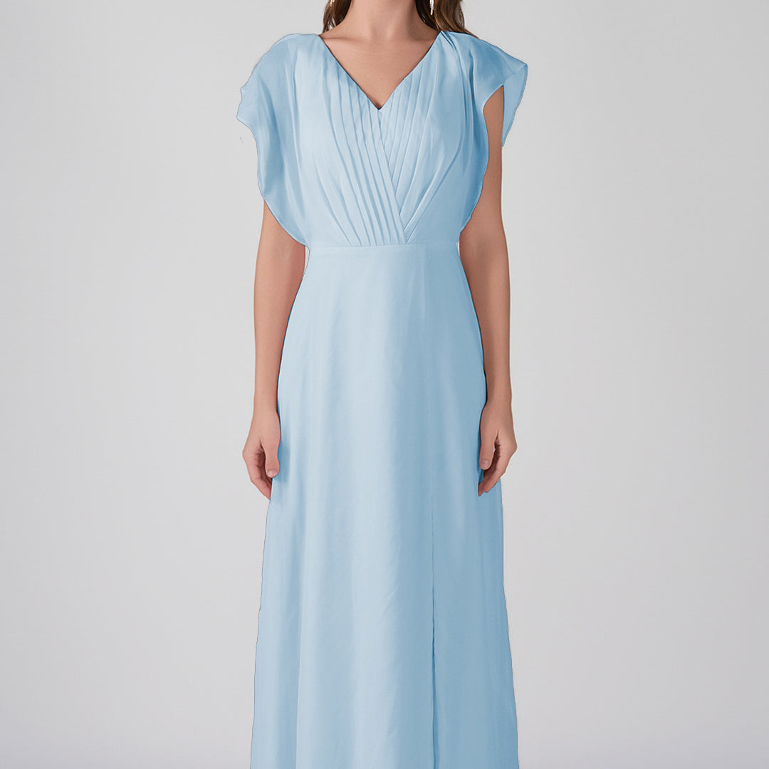 V-Neck Flutter Sleeves Pleats A-Line Maxi Dress