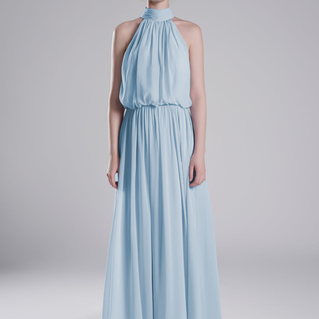 High Halter Neck Pleated Flowing A-Line Dresses