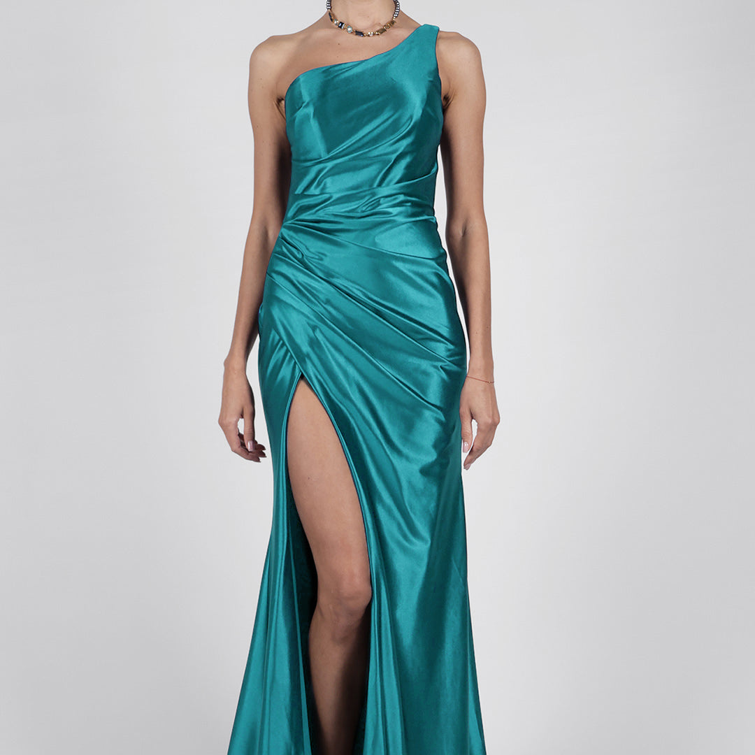 Abendkleid aus Satin mit One-Shoulder-Träger, Plissee, Schlitz und Schleppe