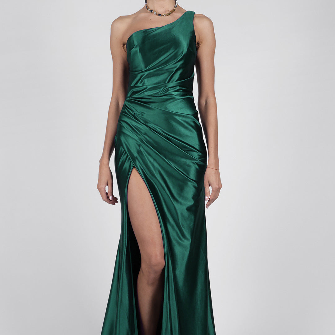 Abendkleid aus Satin mit One-Shoulder-Träger, Plissee, Schlitz und Schleppe