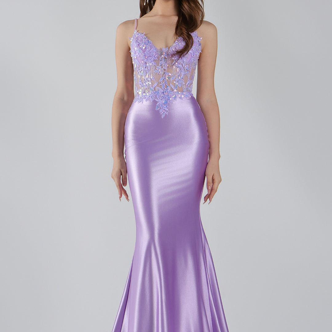 Mermaid Appliqued See Through Pleated Dress