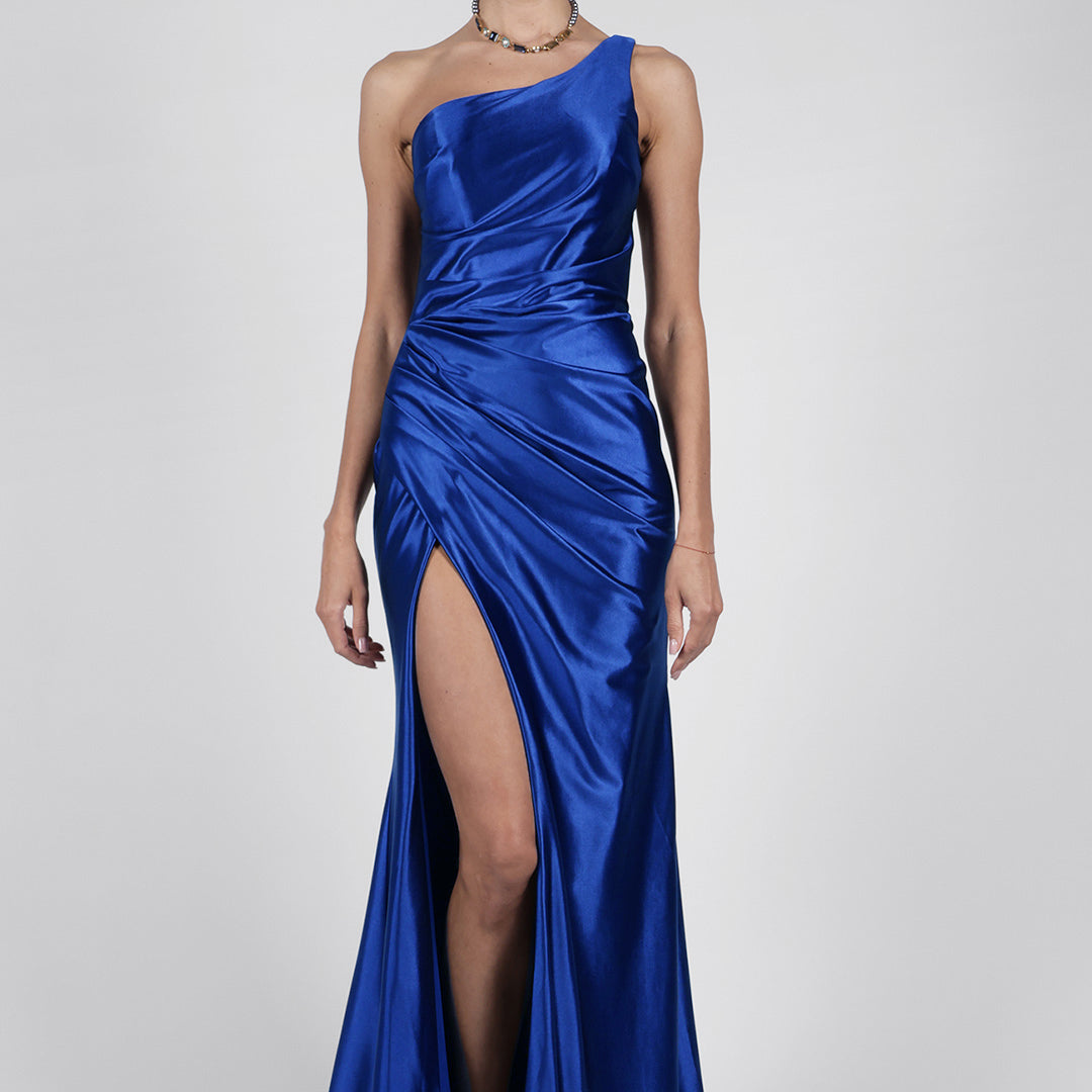 Abendkleid aus Satin mit One-Shoulder-Träger, Plissee, Schlitz und Schleppe