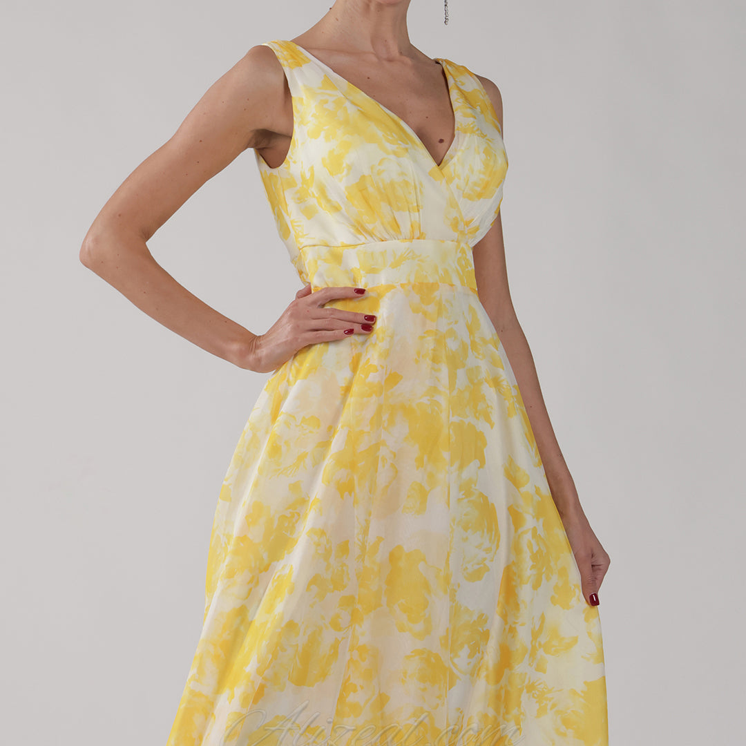 V-Neck A-Line Wide Straps Ruffles Foral Printed Midi Dress