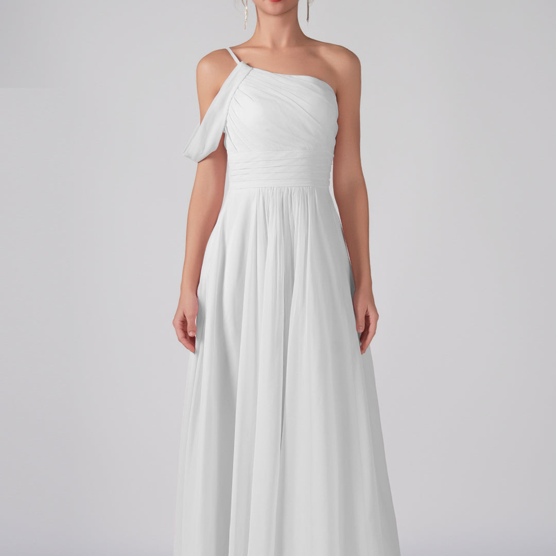 One Shoulder Off Shoulder Sleeve Ruched Bodice A-Line Maxi Dress