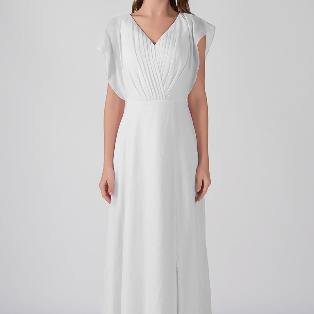 V-Neck Flutter Sleeves Pleats A-Line Maxi Dress