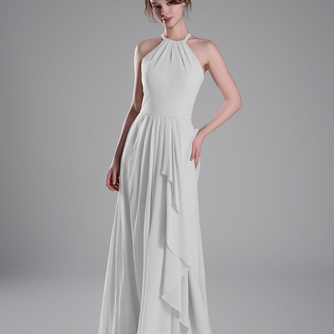 Halter Neckline Pleated Asymmetrical Ruffle Dresses