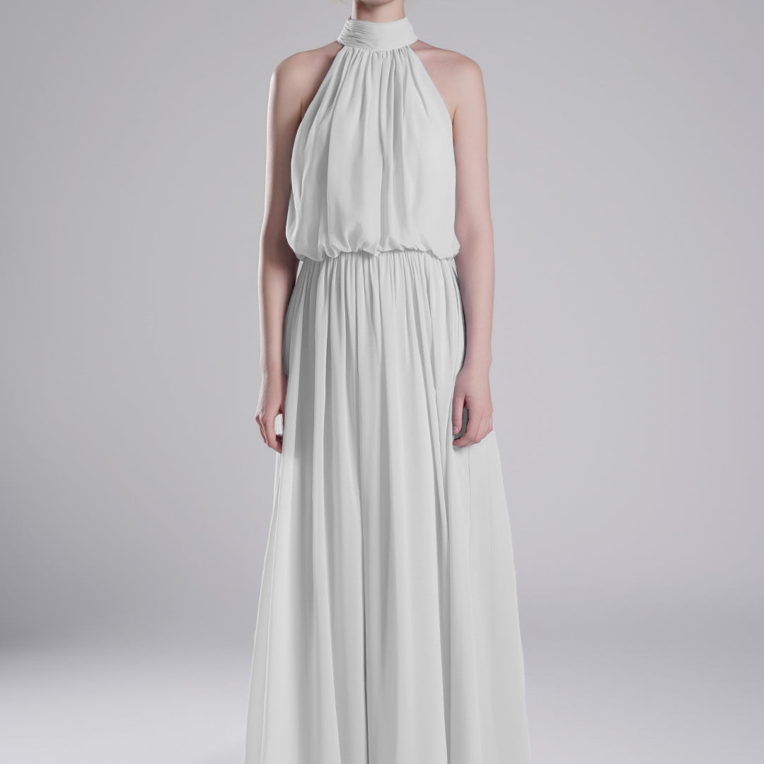 High Halter Neck Pleated Flowing A-Line Dresses
