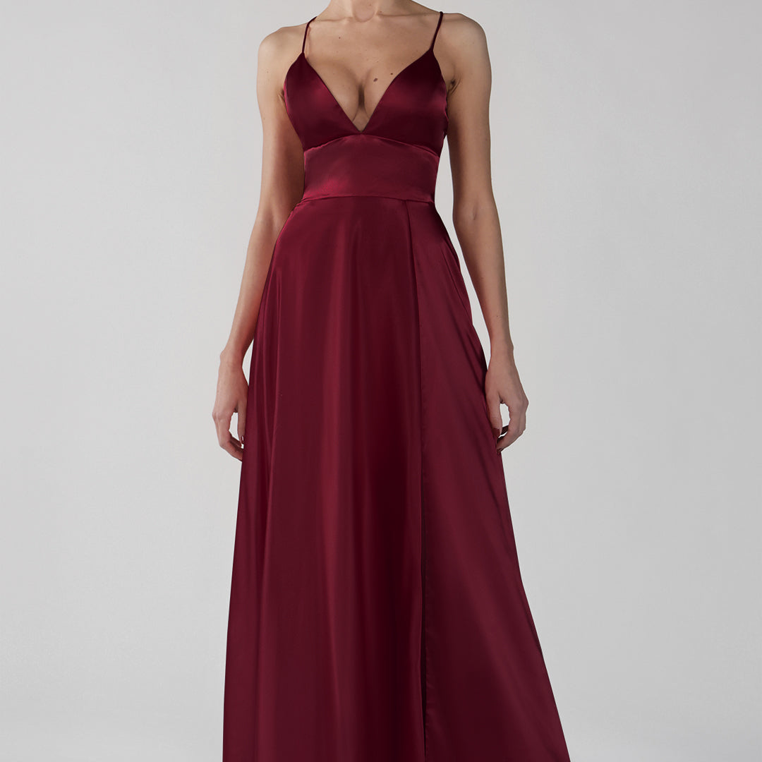 Deep V-Neck A-Line Backless Lace-Up Satin Maxi Dress