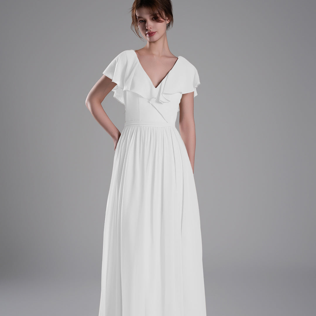 Deep V-Neckline Flutter Sleeves Tie Detail Dresses