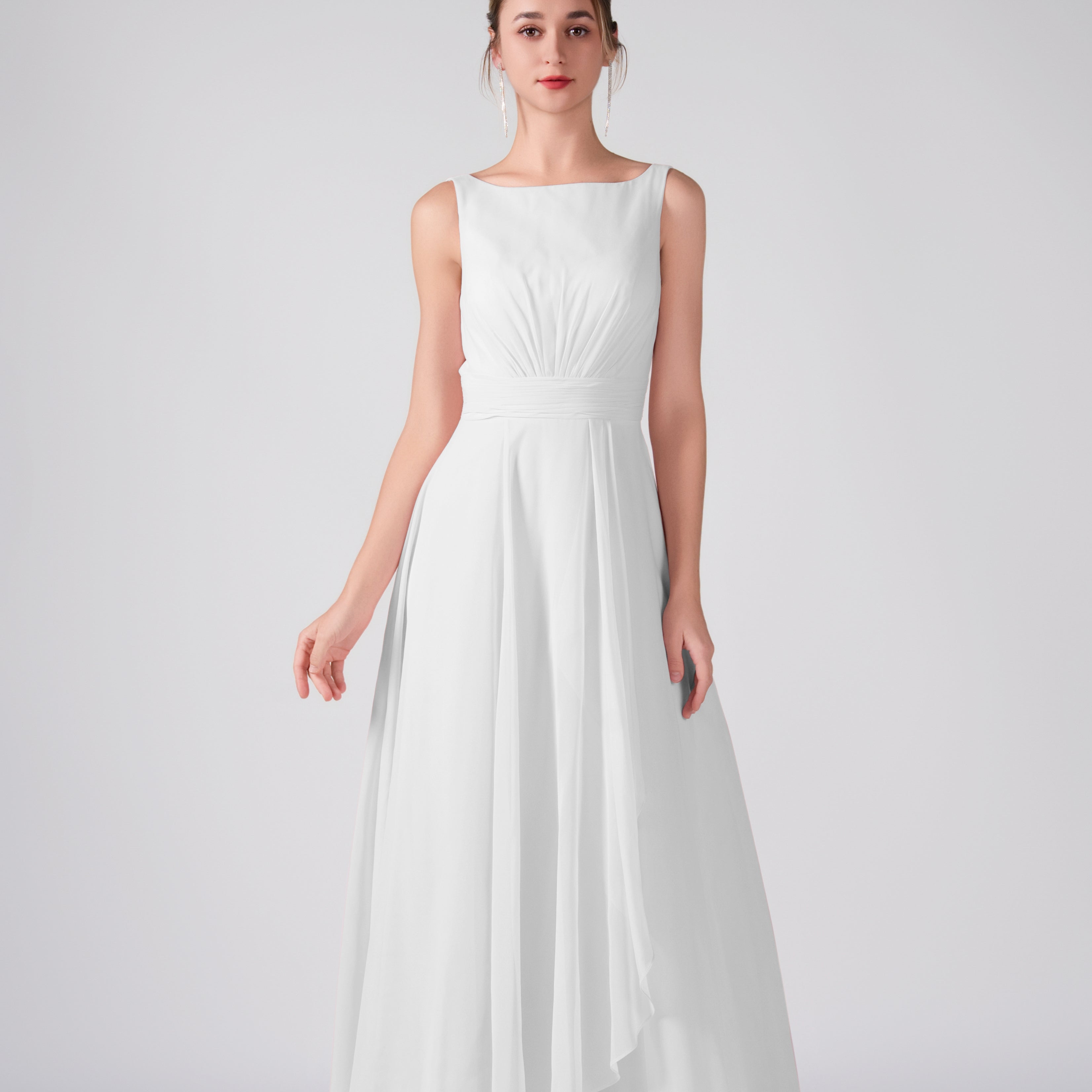 Bateau Neckline Sleeveless Ruched A-Line Maxi Dress