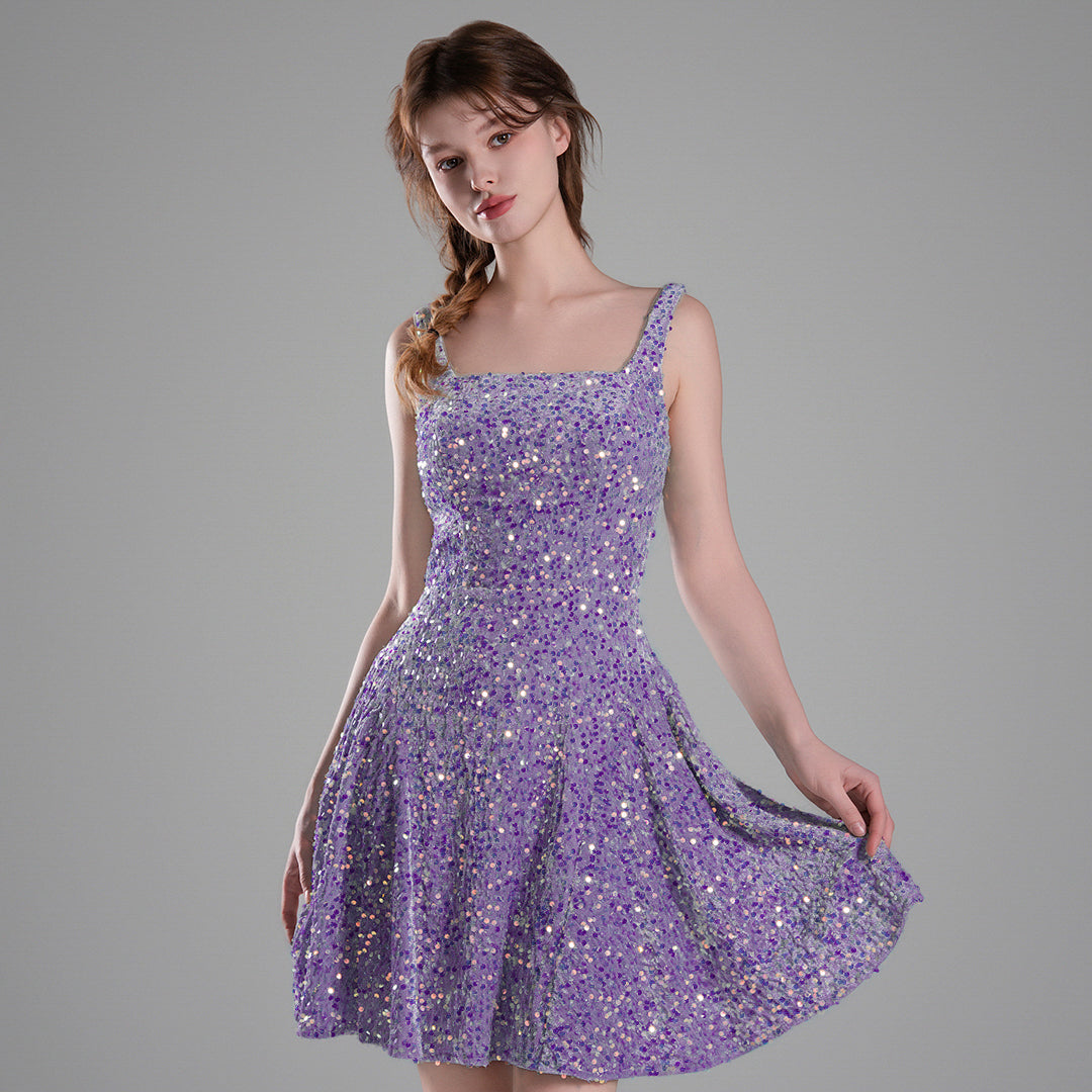 Square-Neck Wide Straps Sequins Pleated Dresses