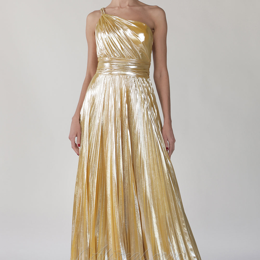 One-Shoulder Spaghetti Straps Pleated Maxi Dress