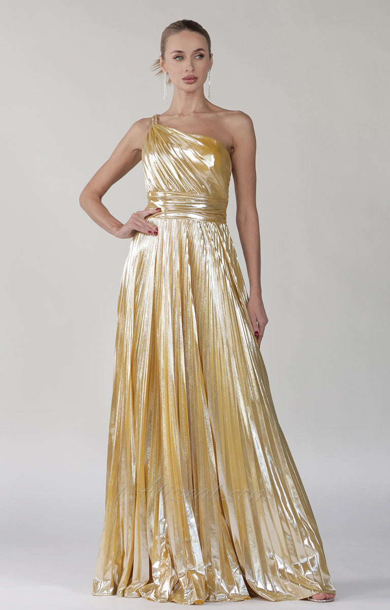A-line Shoulder Straps Pleated Maxi Dresses with Belt Gold