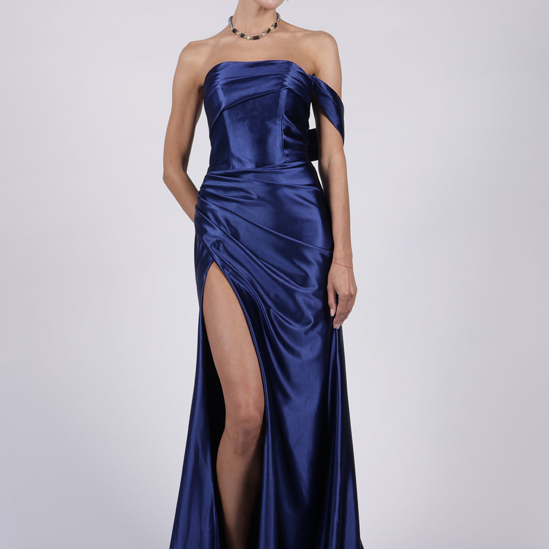Off-Shoulder Pleated Satin High Split Flutter Elegant Evening Dresses