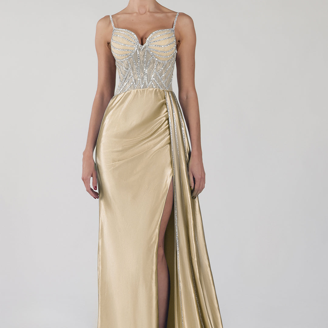 Spaghetti Straps Beaded High Side Split Dresses