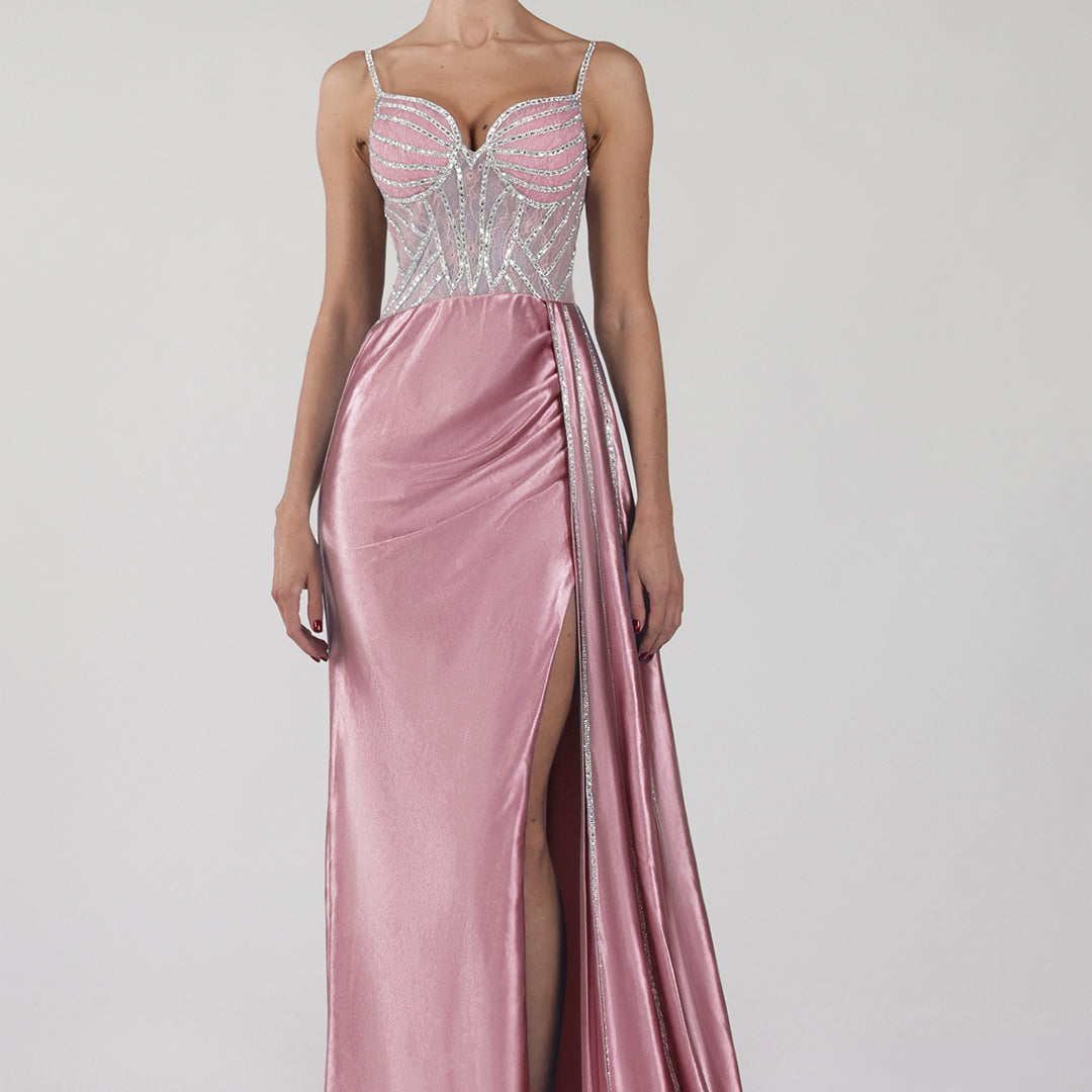 Spaghetti Straps Beaded High Side Split Dresses