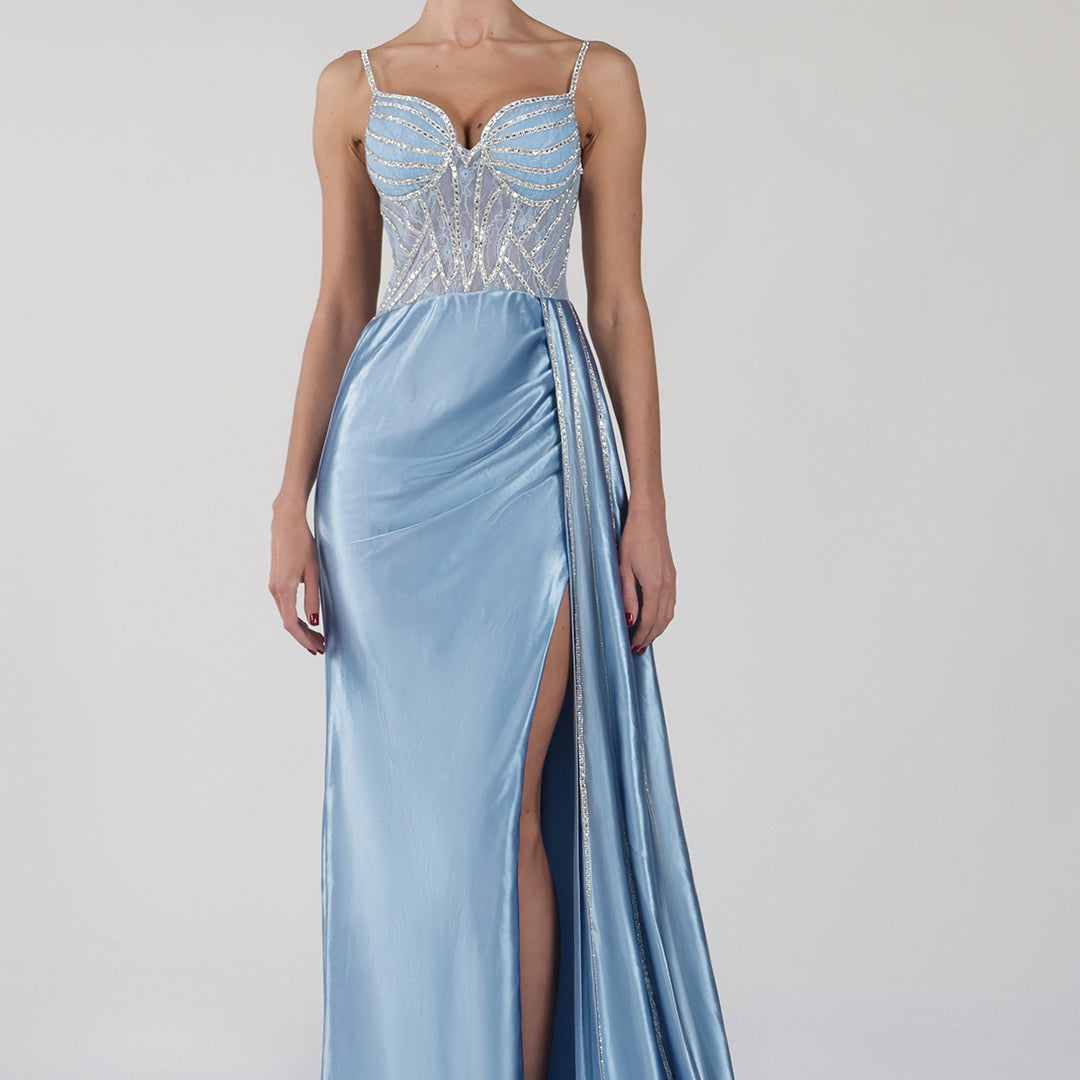 Spaghetti Straps Beaded High Side Split Dresses