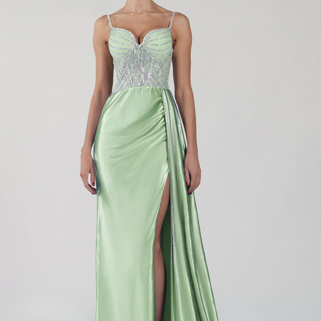 Spaghetti Straps Beaded High Side Split Dresses