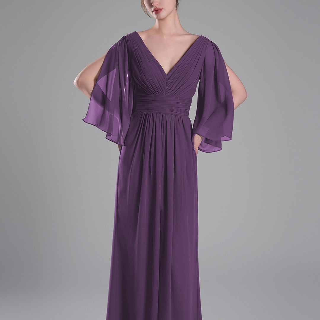Flowing Chiffon Sleeves Ruched Waistline Slit Dresses
