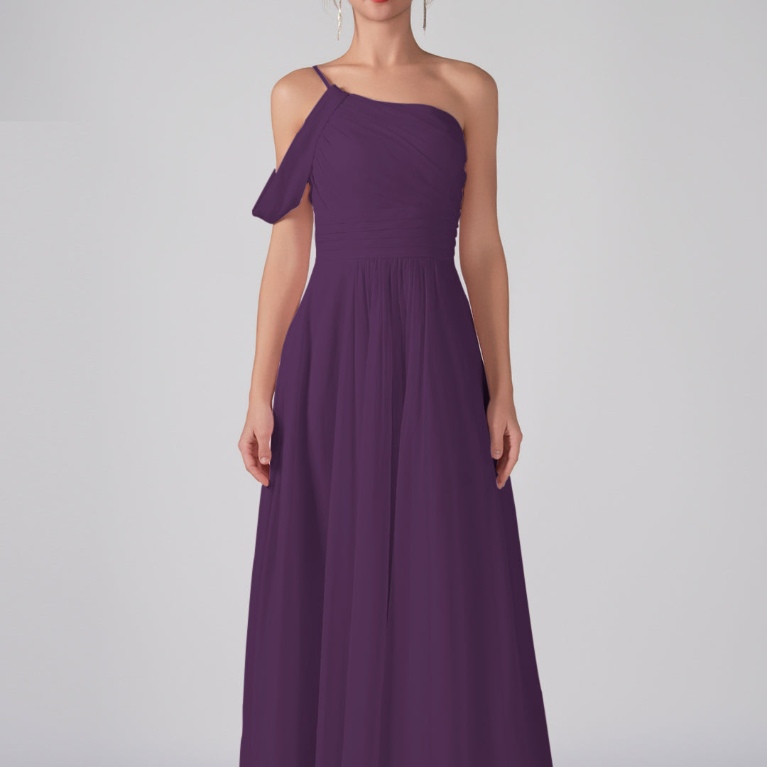 One Shoulder Off Shoulder Sleeve Ruched Bodice A-Line Maxi Dress