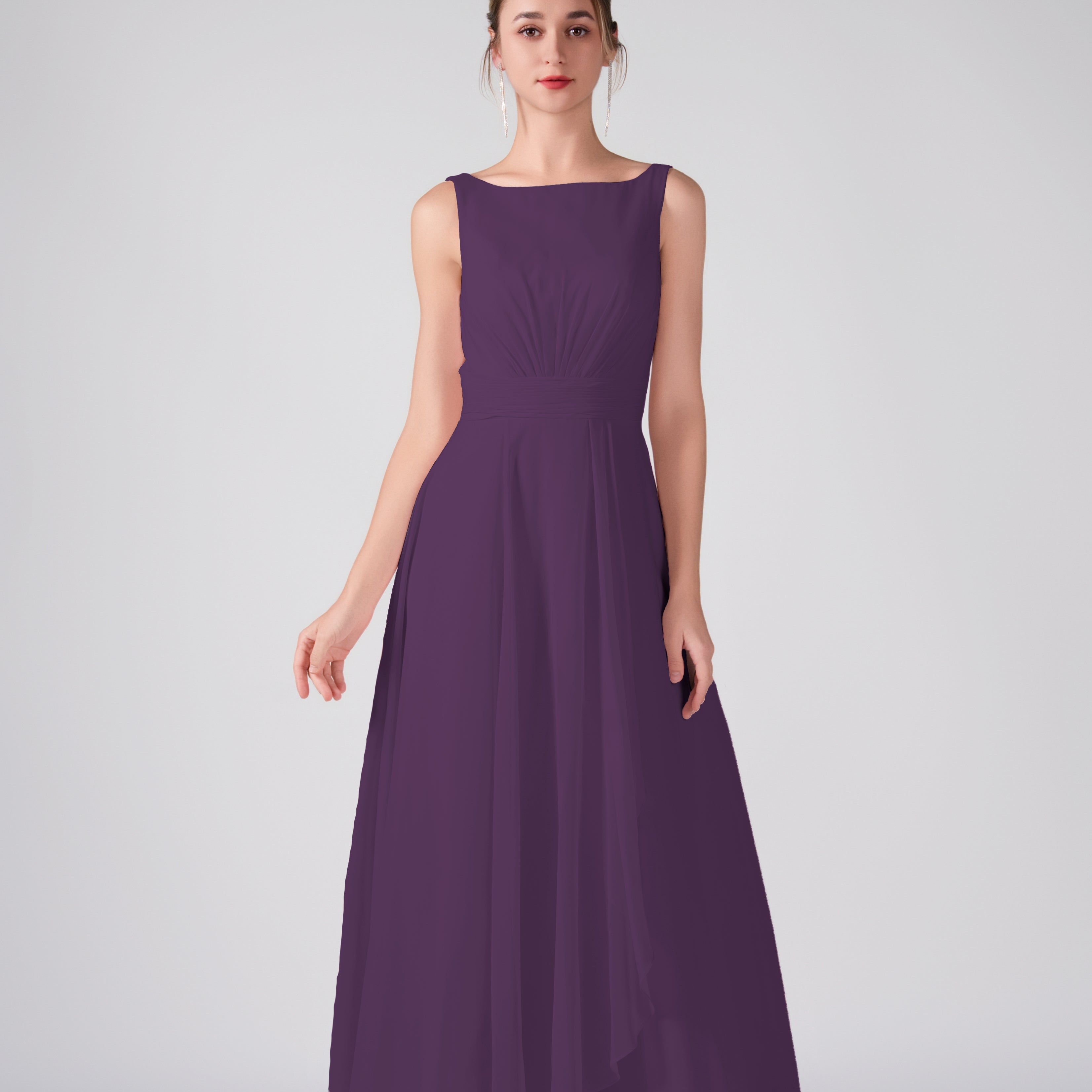 Bateau Neckline Sleeveless Ruched A-Line Maxi Dress